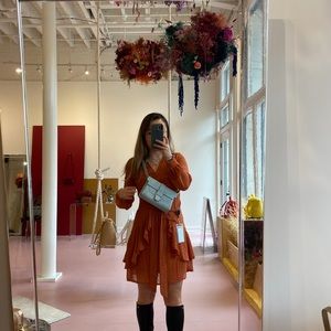 Orange v neck swing dress with dots S